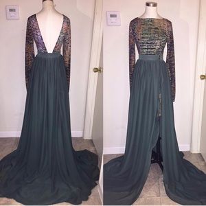 Green bluish textured dress with detachable skirt